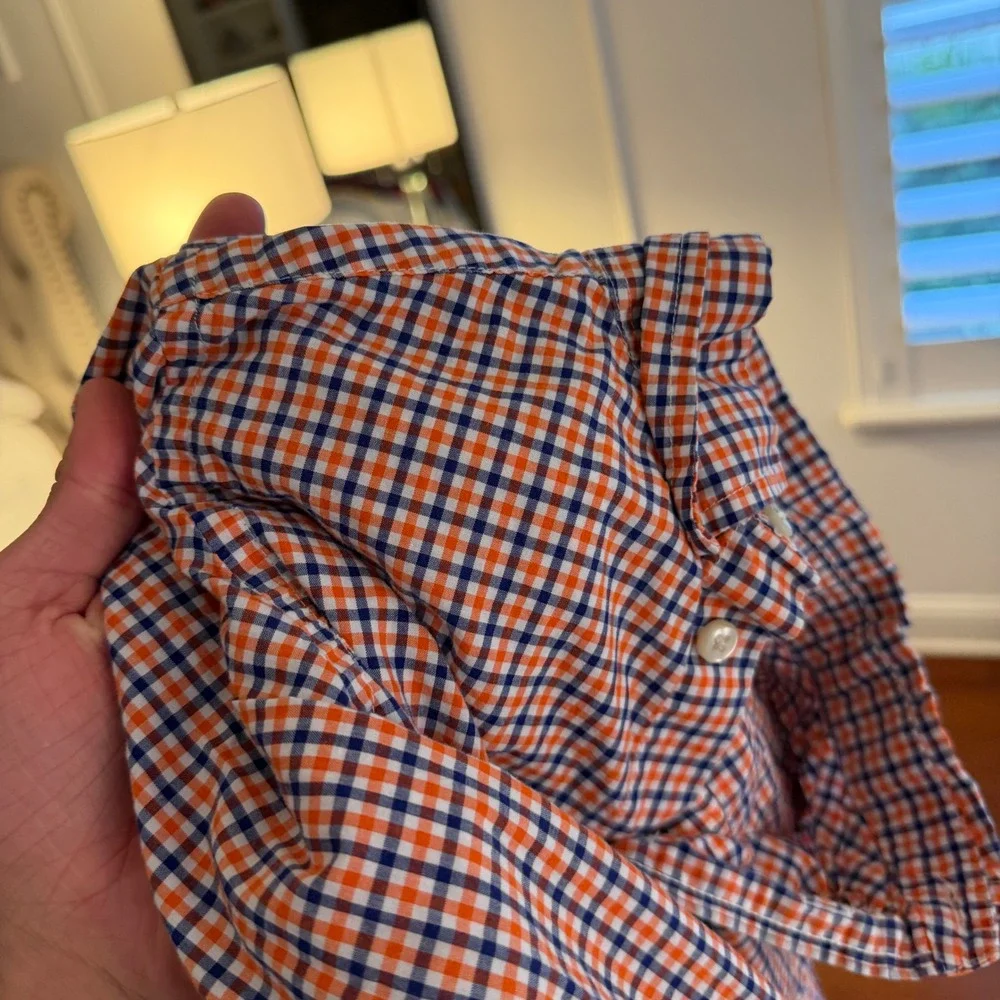 Ralph Lauren Button Down Boys S 8 Orange Blue Gingham Plaid Long Sleeve Shirt